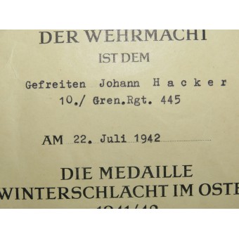 Удостоверение к награждению медалью За зимнюю кампанию на Восточном фронте. Espenlaub militaria